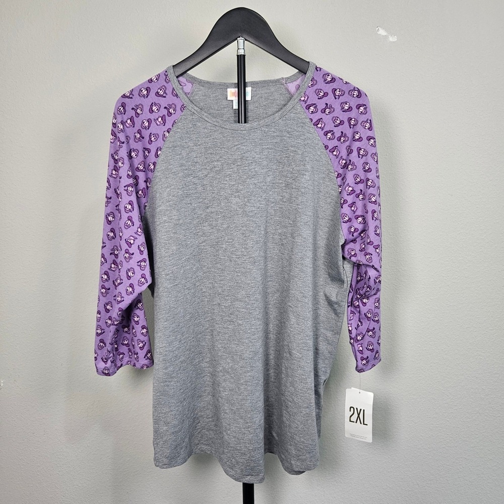 LuLaRoe Randy Baseball Tee Women 2XL Gray Purple Disney Donald Duck Raglan